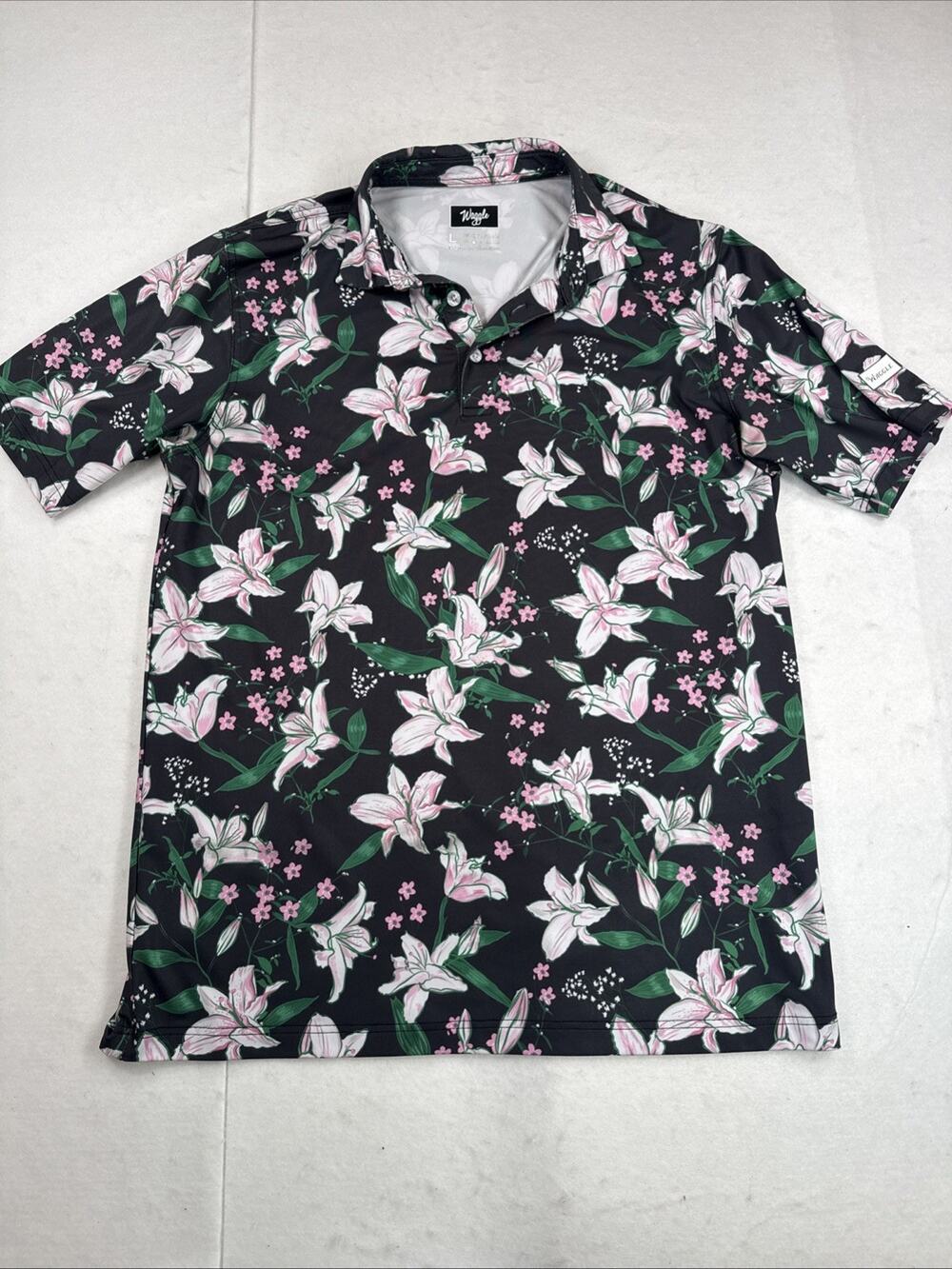 Waggle Golf Polo Shirt Large Black Floral White Lily Azalea Patron Performance